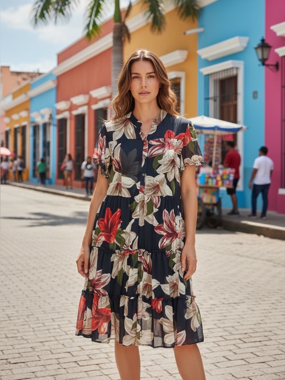 Enfocus Studio Navy Midi Dress with Red, White & Green Floral Print